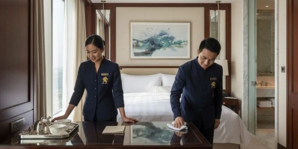 Two hotel staff members cleaning a hotel room table.