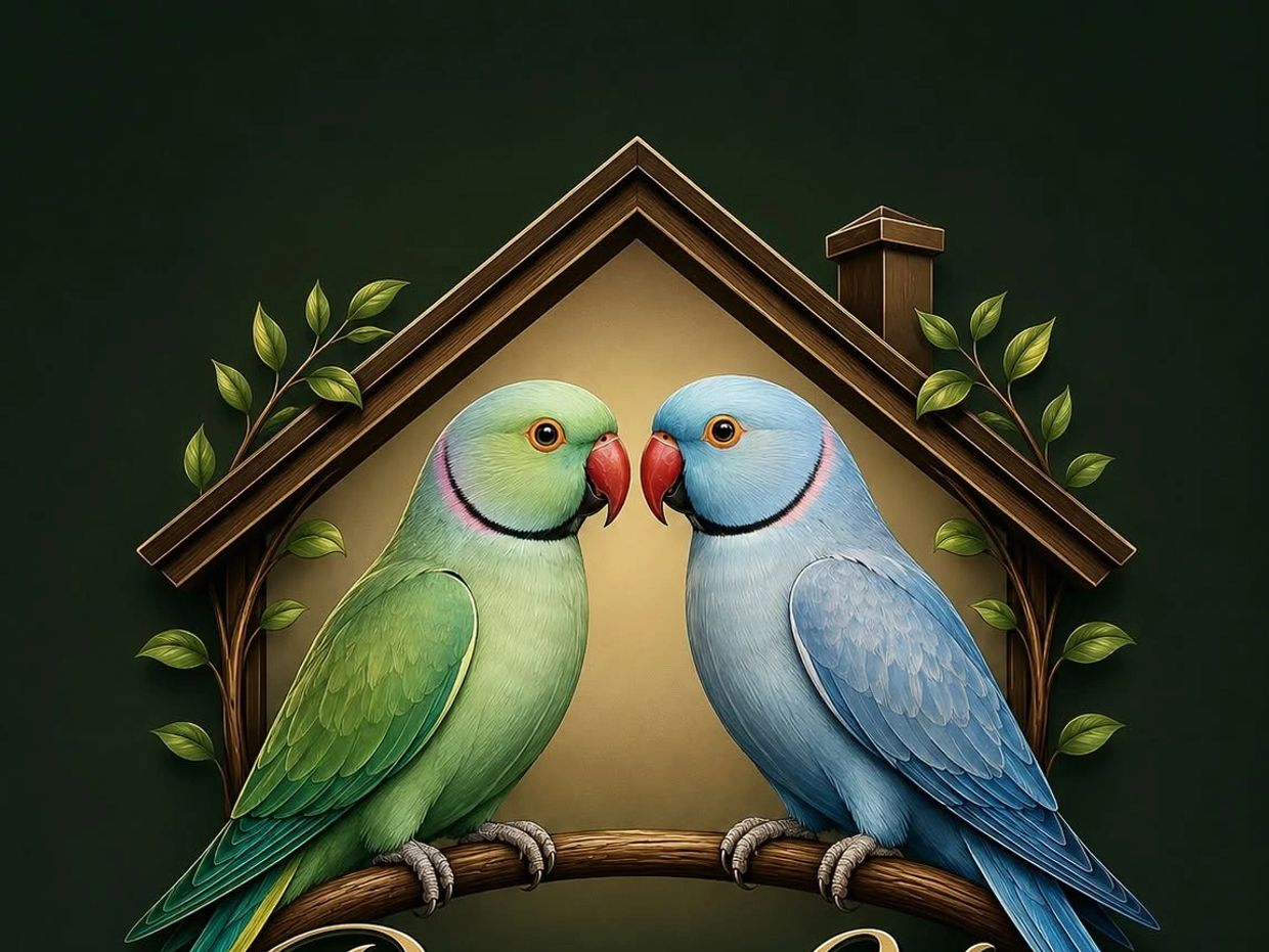 Two colorful parrots perched on a branch in front of a birdhouse.