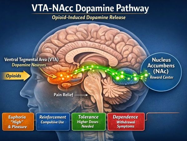 Diagram of VTA-NAc dopamine pathway showing opioid effects.