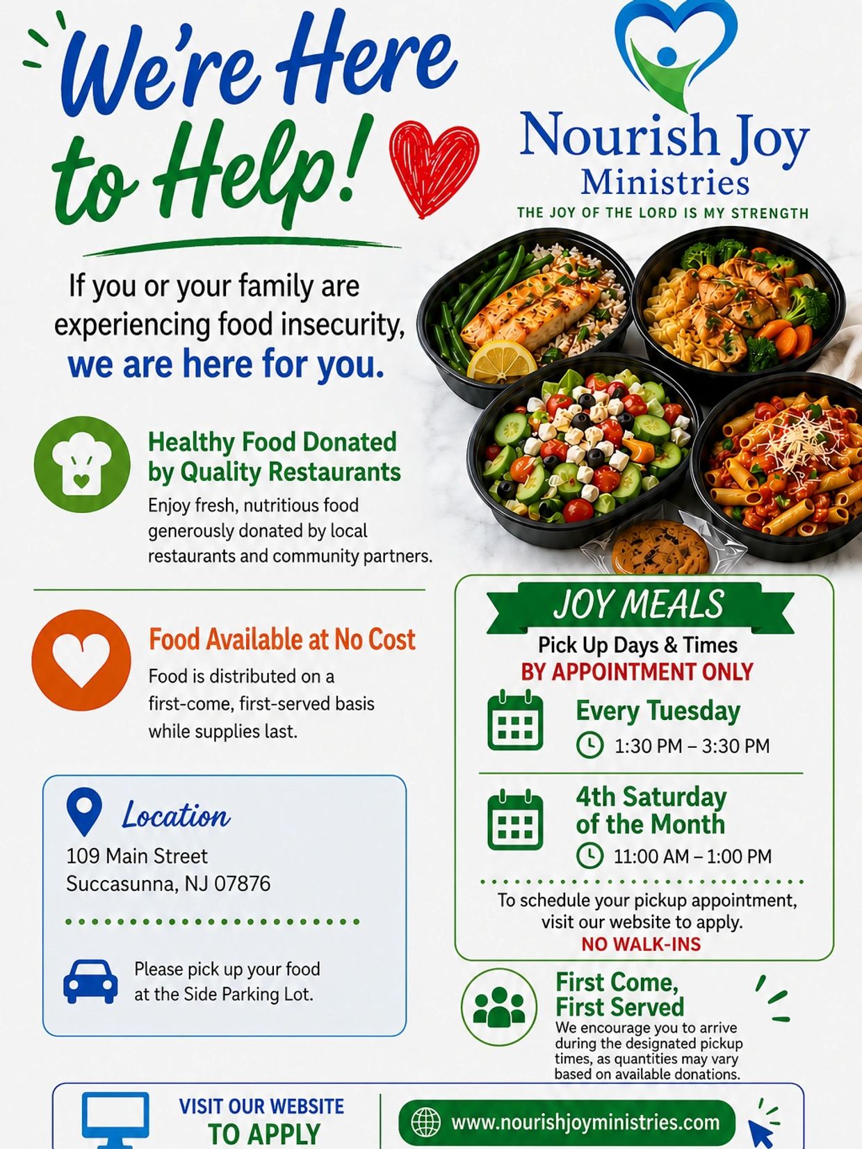 Flyer offering free healthy food support from Nourish Joy Ministries.