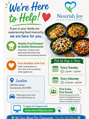 Nourish Joy offers free healthy food pickups every Tuesday and Saturday in Succasunna, NJ.