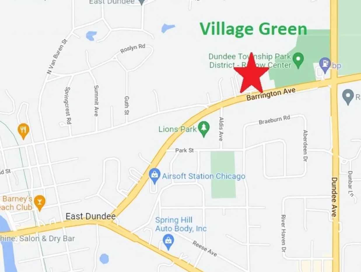 Map highlighting Village Green and nearby landmarks in East Dundee.