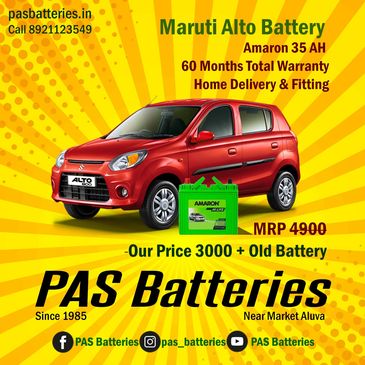 Amaron car battery for Maruti Suzuki Alto with price details, available at PAS Batteries, Aluva