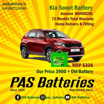 Amaron Flo battery for Kia Sonet Petrol with price details, available at PAS Batteries, Aluva.
