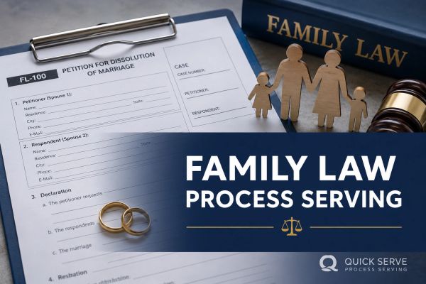 Divorce petition and family law concept with rings and wooden family figures.