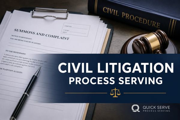 Legal documents, gavel, and pen with civil litigation service text.
