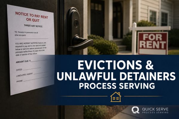 Eviction notice and rental property with promotional text.