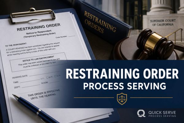 Legal documents and gavel for restraining order process serving.