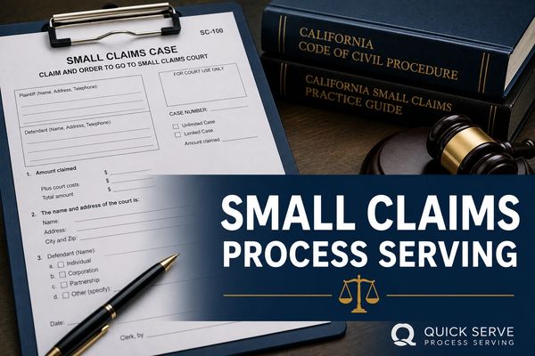 Small claims legal documents and guidebooks with a gavel.
