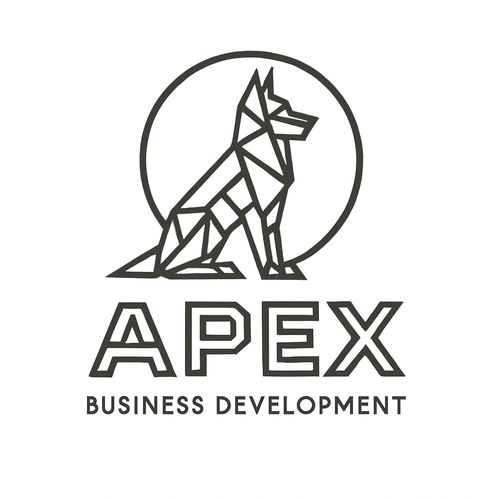 Geometric dog logo with "APEX Business Development" text below it on white background.