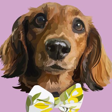Digital painting of a dog with a bow tie.