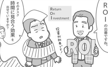 ROIについて話すビジネスマンたちの漫画シーン。