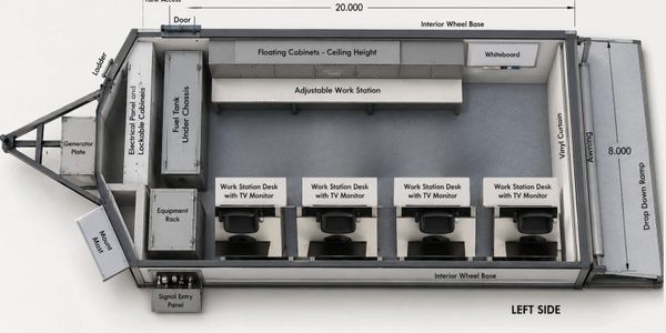 Top-down view of a mobile workspace layout with desks, equipment racks, and a drop-down ramp.