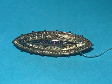 9ct Gold brooch  of navette shape set with ruby & seed pearl Birmingham 1900
SN 102100-182