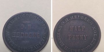 Tasmanian Trade Token O.H. Hedberg, Argyle Street Hobart Ton