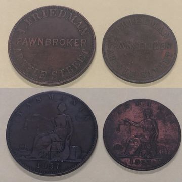 Tasmanian Token pair Friedman Pawnbroker, Argyle Street, Hobart 1857