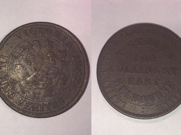 Penny Token, T. Stokes, 
100 Collins Street,
 East Melbourne Victoria.
1862
