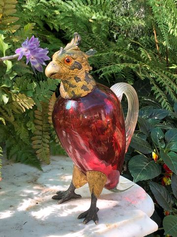Ruby Glass Cockatoo claret jug - gilt Bronze mounts c1890