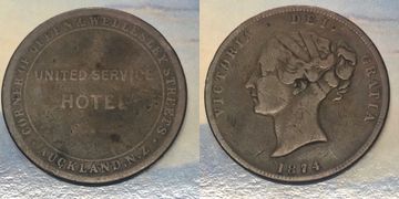 New Zealand Trade Token - Auckland 1874 United Service Hotel