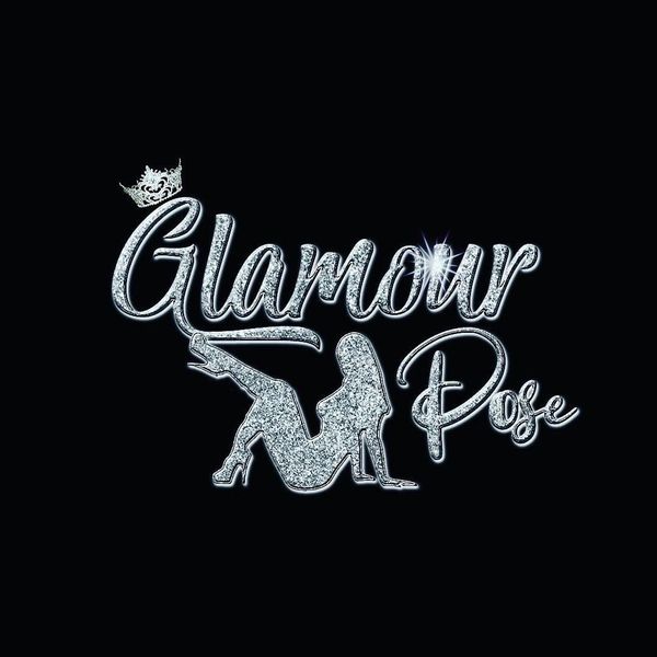 Sparkling silver text 'Glamour Pose' with a silhouette of a woman posing and a crown on the 'G'.