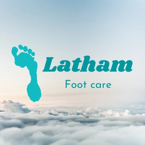 Logo for Latham Foot Care with a blue footprint and sky background.