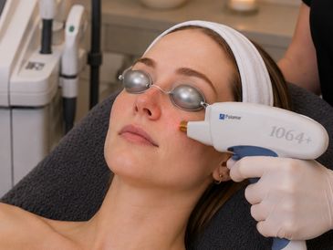 Woman receiving laser skin treatment with protective eyewear.