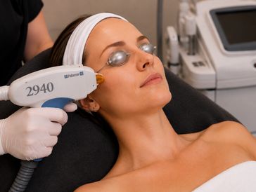 Woman receiving laser skin treatment.