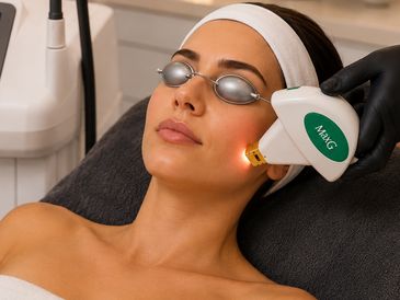 Woman receiving laser skin treatment on face.