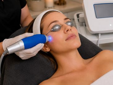 Woman receiving a facial light therapy treatment.