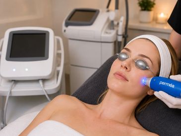 Woman receiving facial treatment with blue light device.