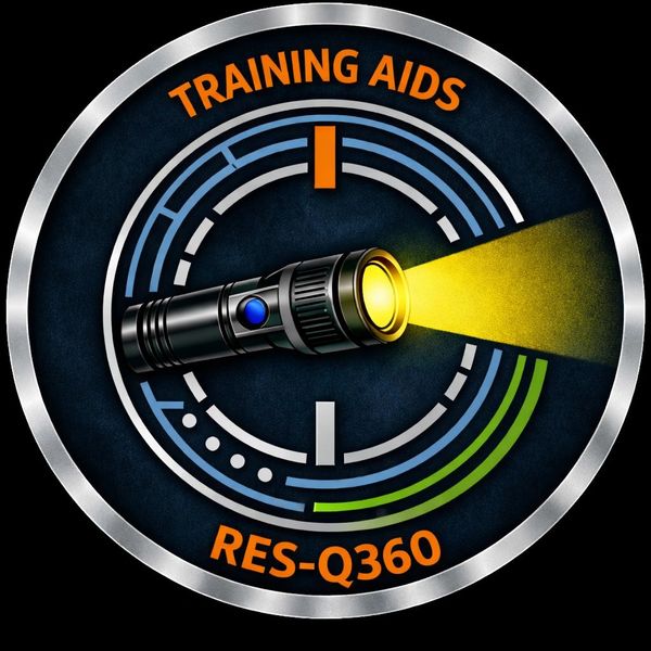 Logo of RES-Q360 training aids featuring a flashlight with yellow beam.