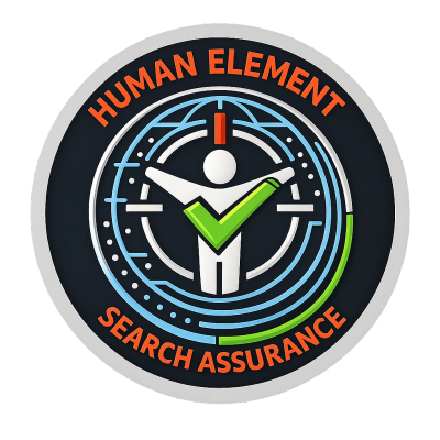 Badge with human figure and green check, labeled Human Element Search Assurance.