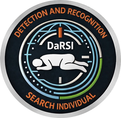 Logo with a person in fetal position and text about detection, recognition, and search individual.