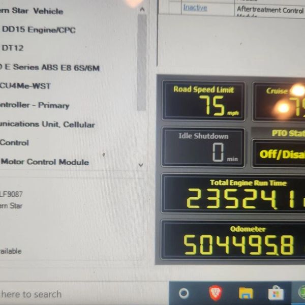 Vehicle diagnostics display showing speed limit, engine run time, and odometer readings.