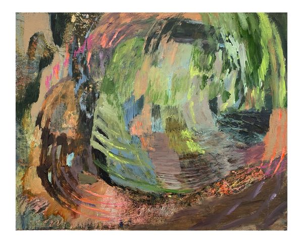 Abstract painting with swirling green, brown, and pink brushstrokes.