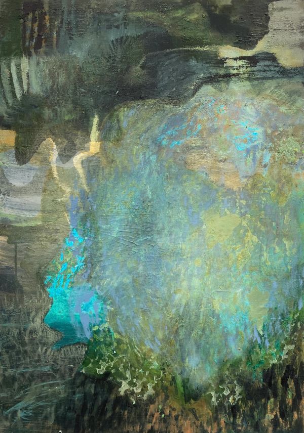 Abstract painting with blue and green hues symbolising rock pools 