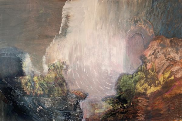 Abstract painting with swirling light and earthy tones.