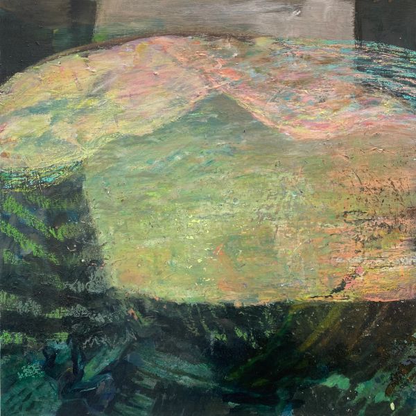 Abstract painting with shimmering pastel and dark colors.