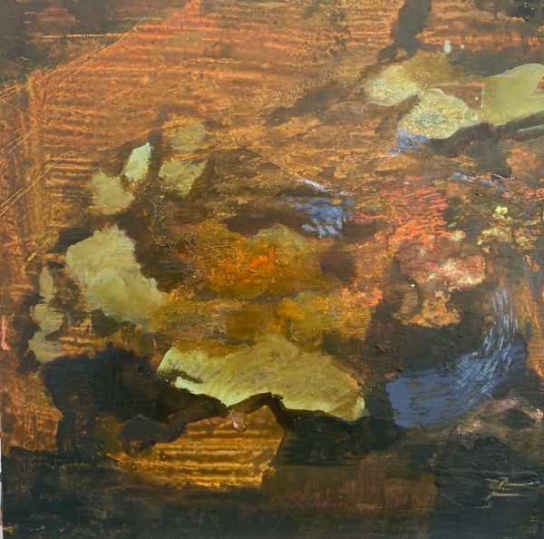 Abstract painting with earthy tones and texture.