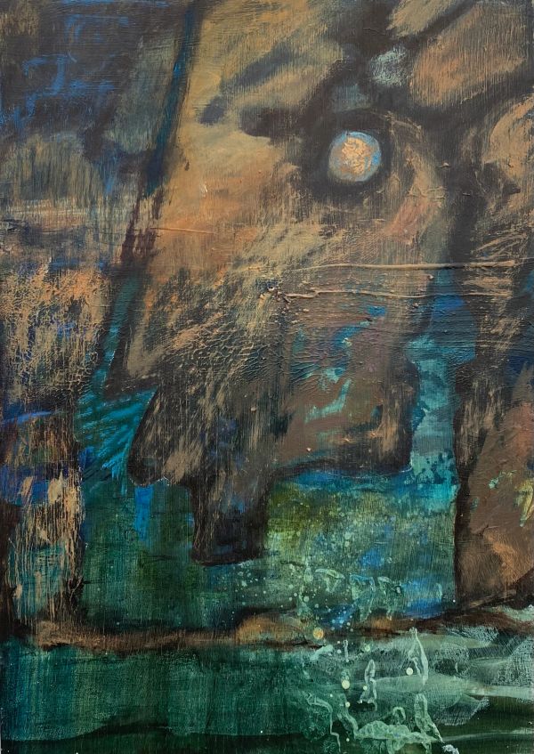 Abstract painting with dark and teal shades.