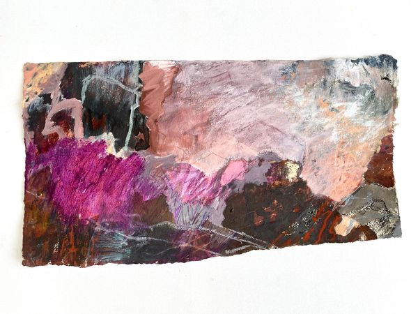 Abstract painting with bold pinks and muted earthy tones.
