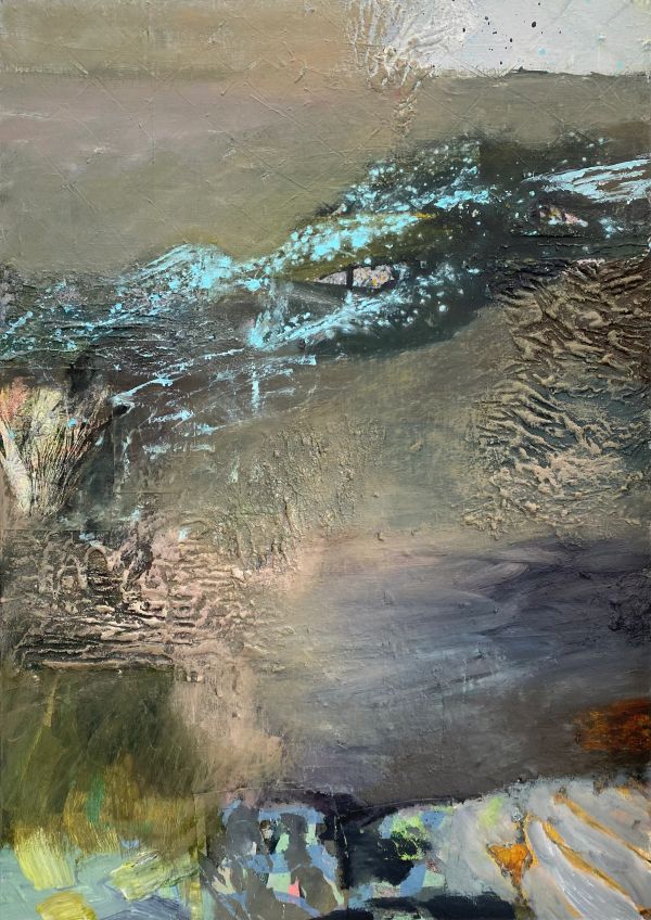 Abstract textured artwork with earthy tones and blue highlights. 
