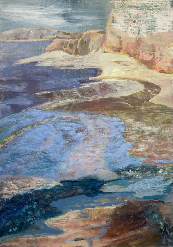 Impressionist Jurassic coastal landscape with unique patterns, cliffs and water.