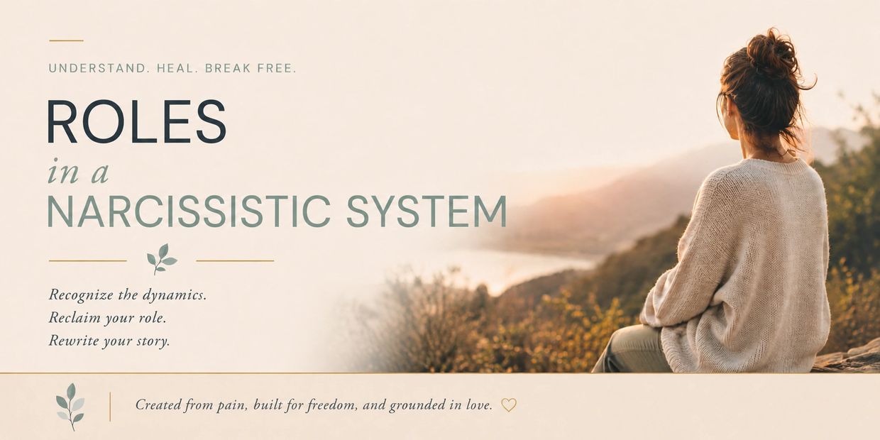 A woman contemplates roles in a narcissistic system amid a serene sunset.