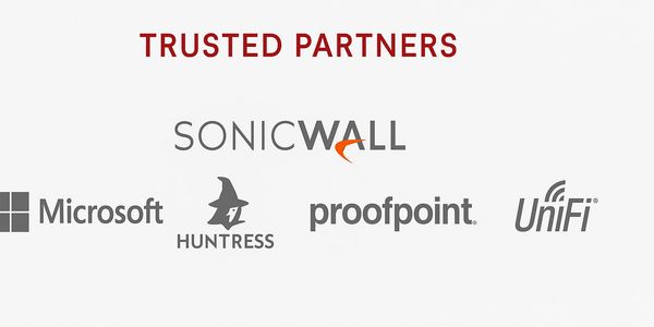 Logos of trusted technology partners including SonicWall, Microsoft, Huntress, Proofpoint, and UniFi.