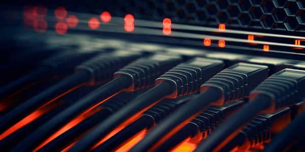 Close-up of network cables connected to a switch with glowing orange lights.
