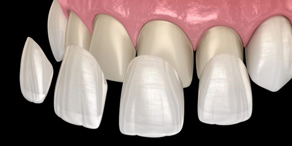 3D rendering of dental veneers being applied to front teeth.