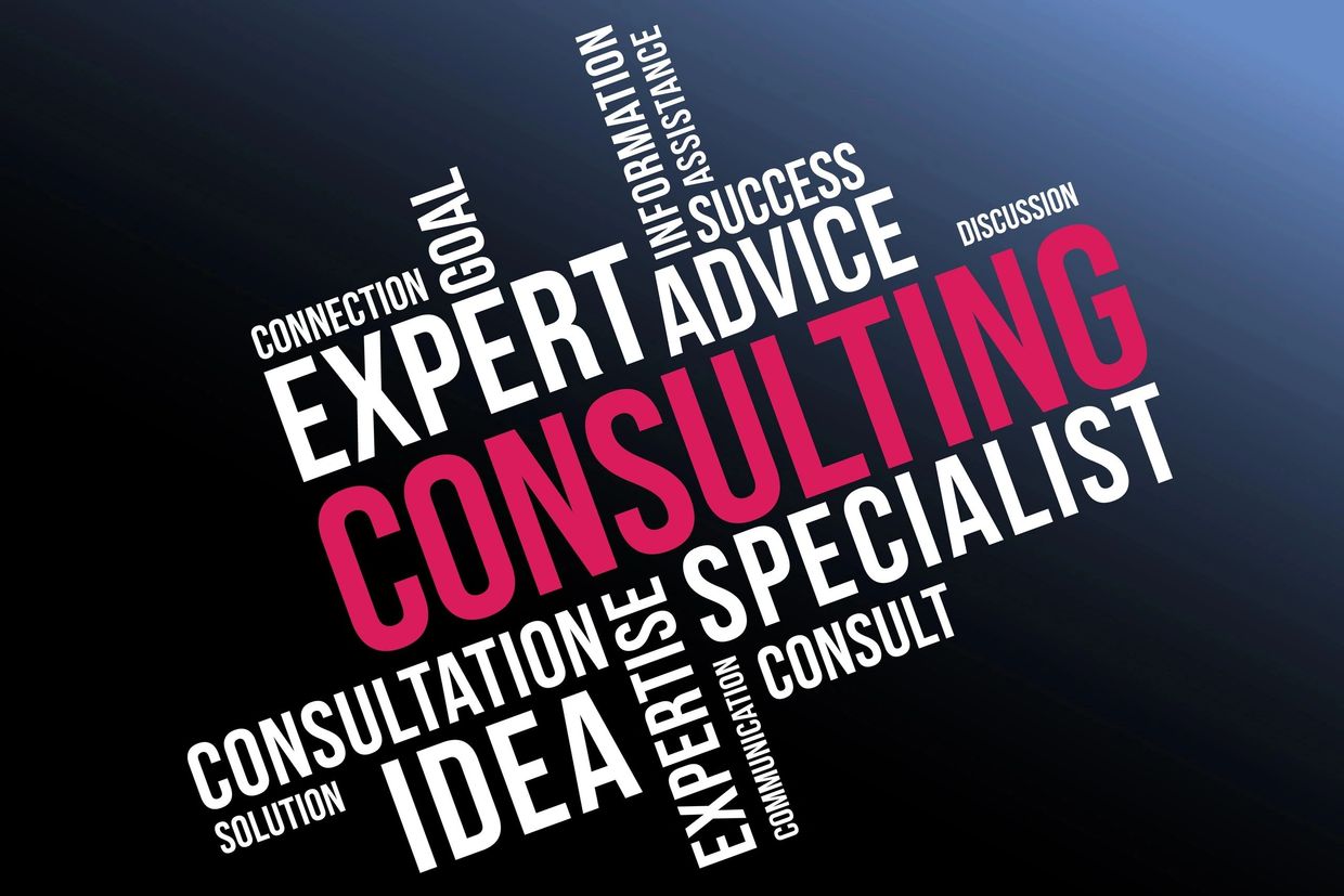 Word cloud highlighting consulting and expertise concepts in bold.