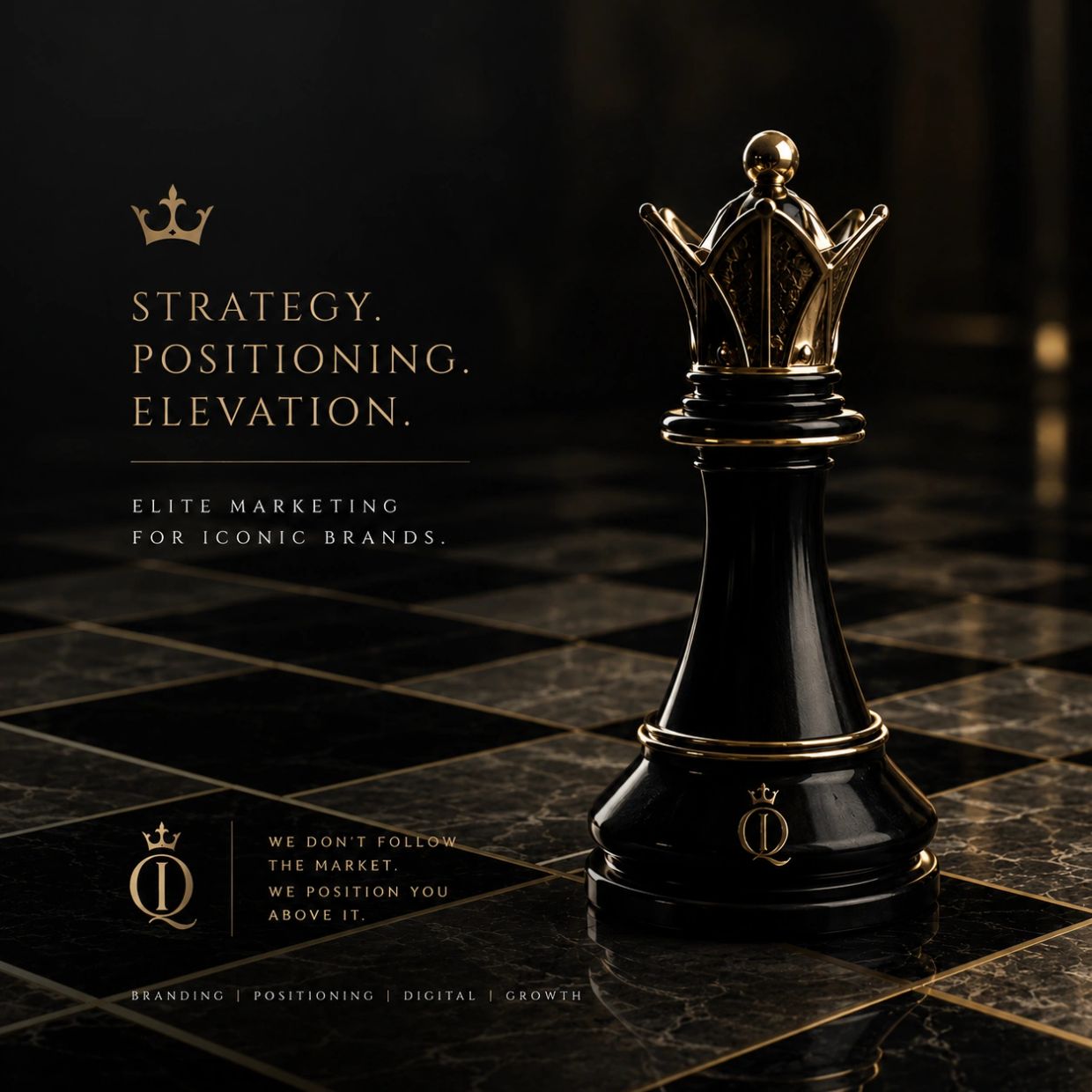 Elegant black and gold chess queen piece symbolizing elite marketing strategy and positioning.