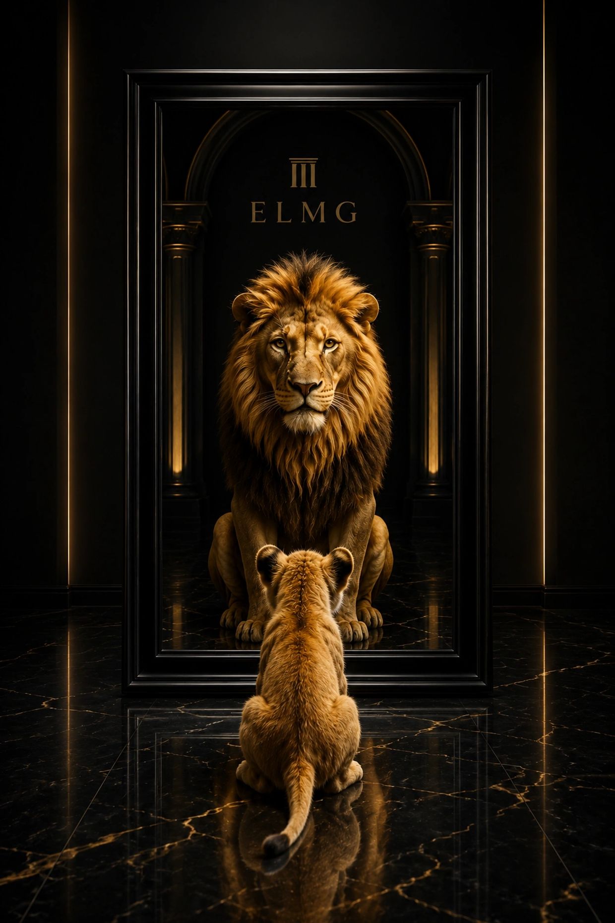 A young lion cub sees its reflection as a majestic adult lion in a grand, dark room.